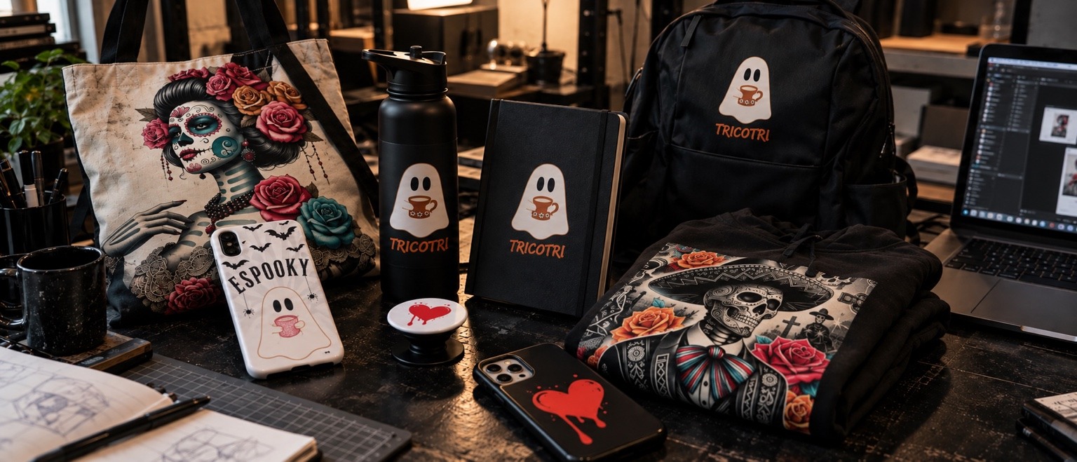Custom-designed merchandise samples arranged across a creative studio worktable