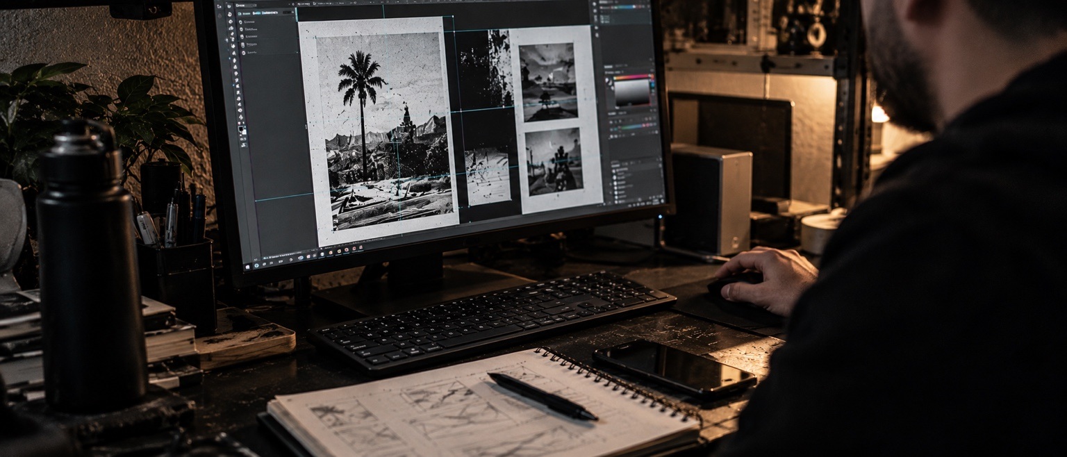 Creative workstation and design layout representing creation