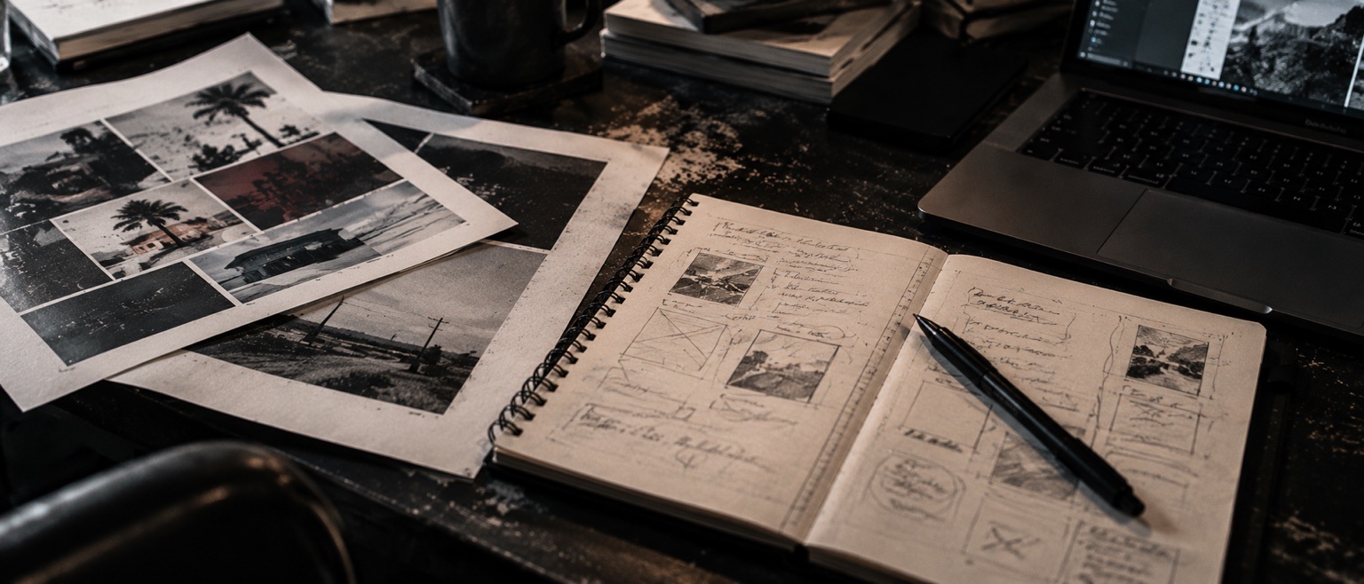 Reference photographs and magnifying glass representing discovery
