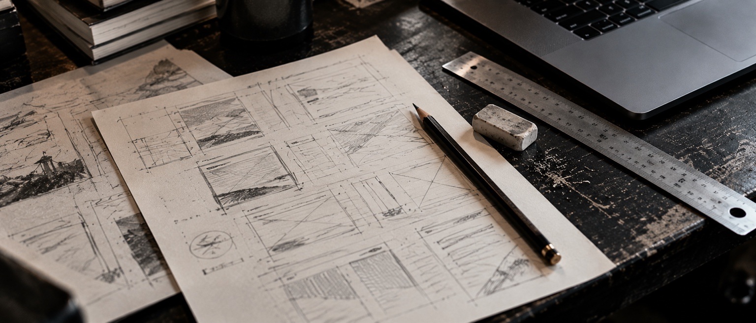 Sketchbook and layout planning materials representing planning